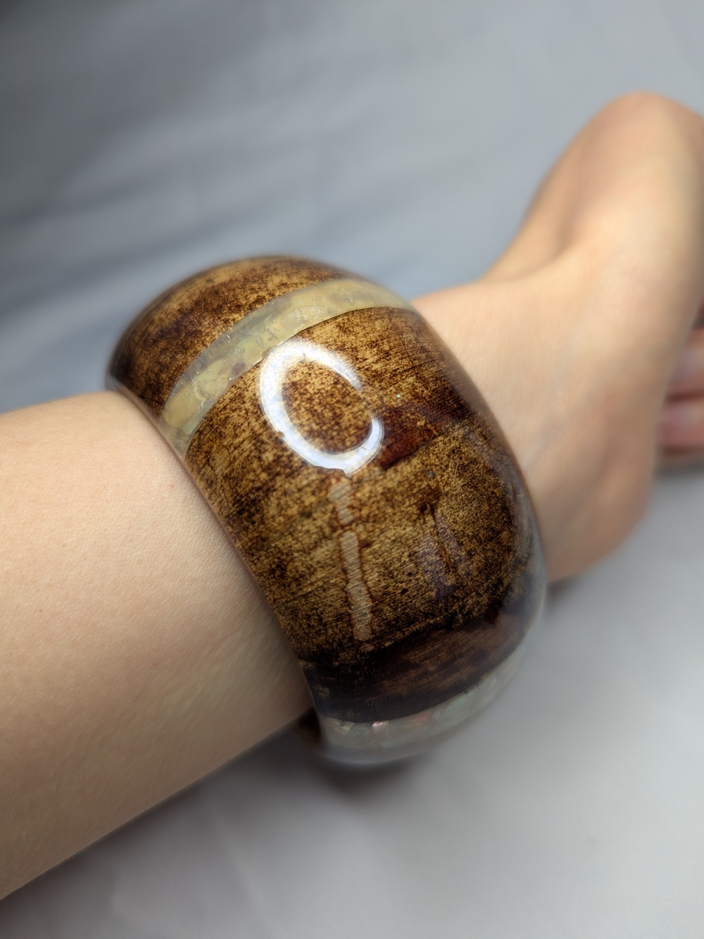Wood Mother Of Pearl Inlay Bangle Bracelet
